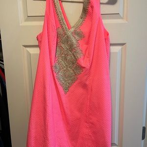 Lilly Pulitzer bright coral mini dress with gold appliqué